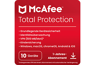 McAfee® Total Protection, Antivirus- und Internet-Sicherheitssoftware, 10 Geräte (Windows®/Mac®/Android/iOS), 1 Jahr,  Download Code - [Multiplattform]