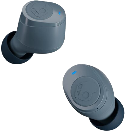 Két szürke Skullcandy vezeték nélküli fülhallgató. Mindegyiknek van logója és kék fénye.