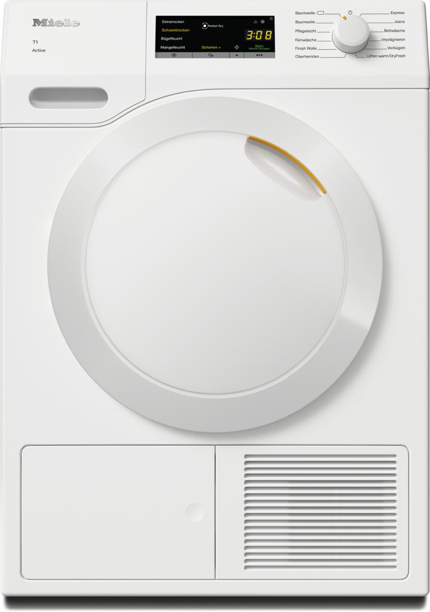 Eine weiße Miele Waschmaschine. Sie hat eine Tür unten und einen Bildschirm und Bedienelemente oben.