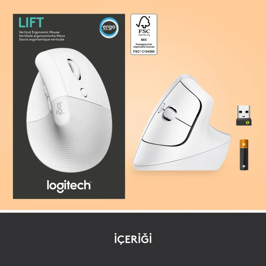 Logitech Lift dikey ergonomik fare, kutusu ve aksesuarlarıyla.