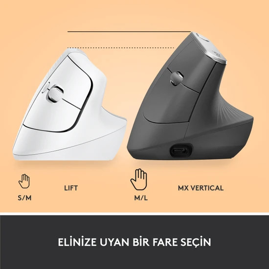 İki dikey bilgisayar faresi, biri beyaz diğeri gri, boyut seçeneklerini gösteren metinle: S/M ve M/L.