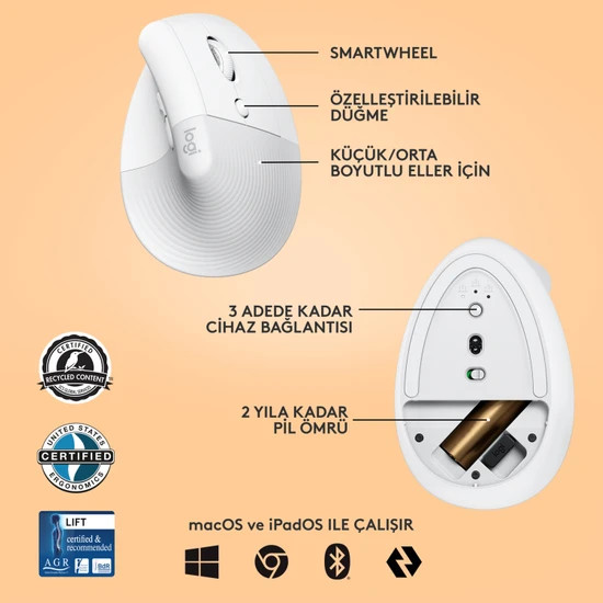 LOGITECH Lift Sessiz Kablosuz Ergonomik Dikey Mouse | Beyaz Fiyat