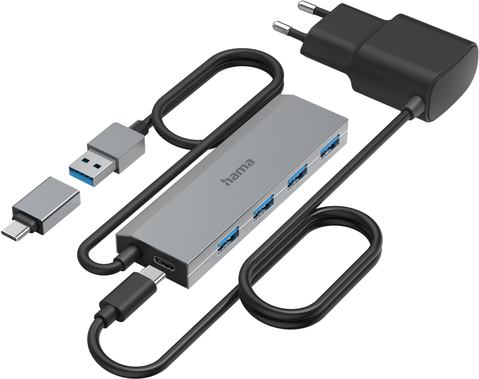 Silberner und schwarzer USB-Hub mit Kabeln und Netzteil. Schwarzer Hintergrund.