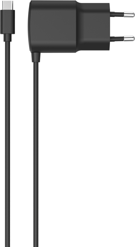 Schwarzes Ladegerät mit USB-C-Kabel und Stecker für eine Steckdose, vor schwarzem Hintergrund.