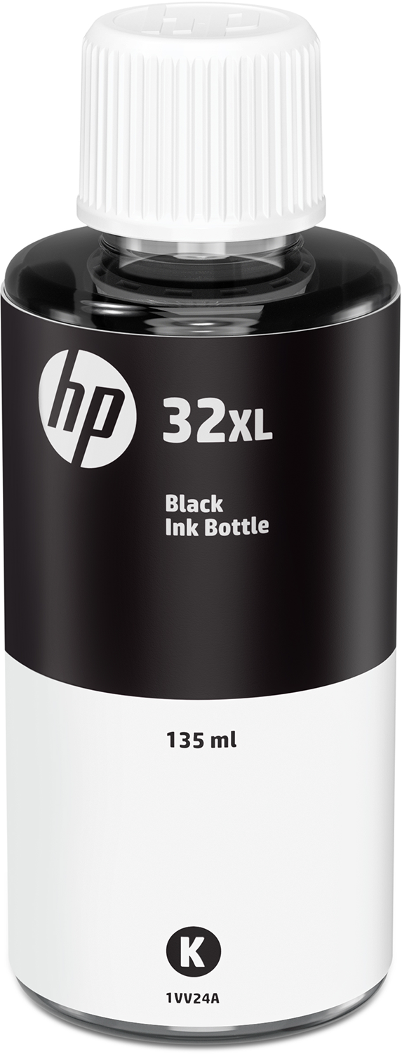 Zwarte HP inktfles met wit en zwart etiket. Toont het inktniveau.