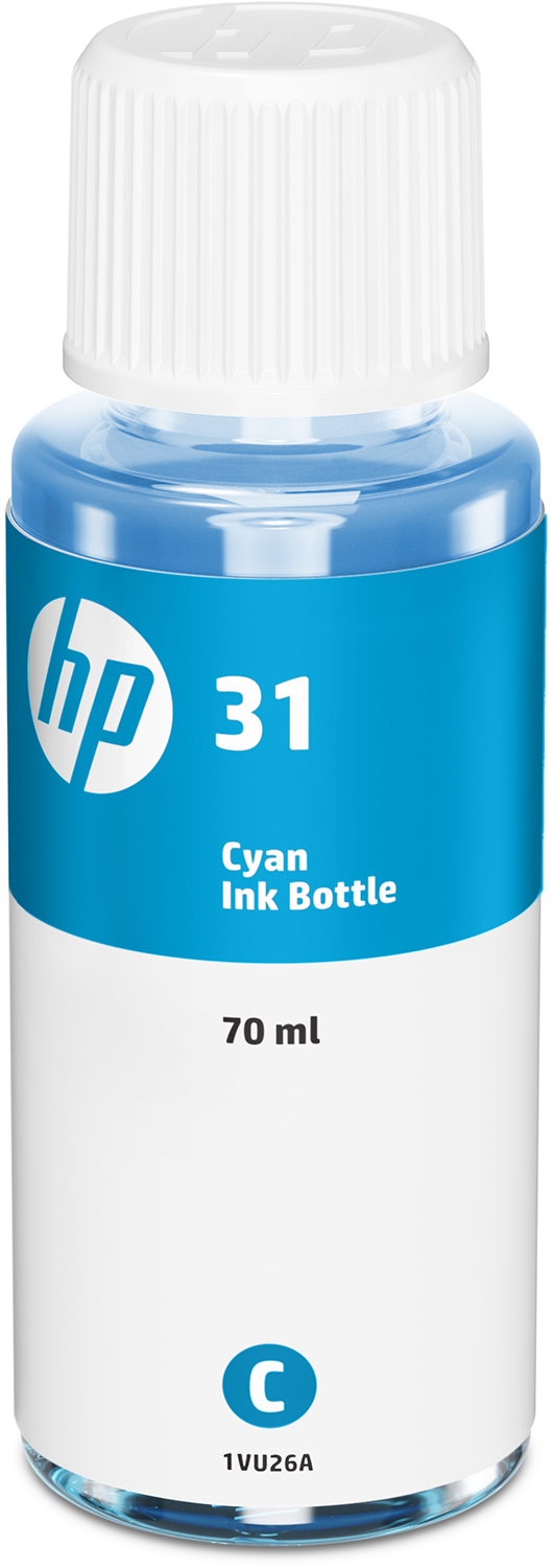 Bouteille d'encre cyan. C'est une haute bouteille blanche avec une étiquette bleue et de l'encre cyan.