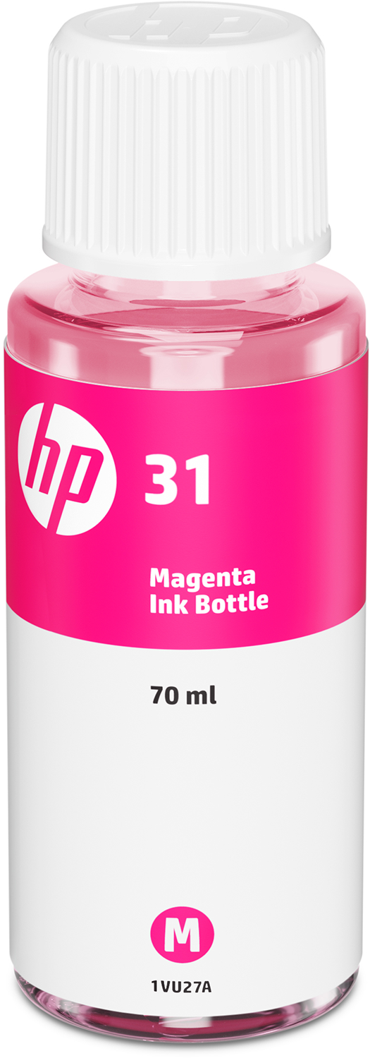 Een roze HP inktfles met nummer 31 en een witte dop.