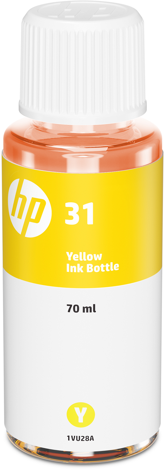 Bouteille d'encre HP jaune avec étiquette. La bouteille est blanche.