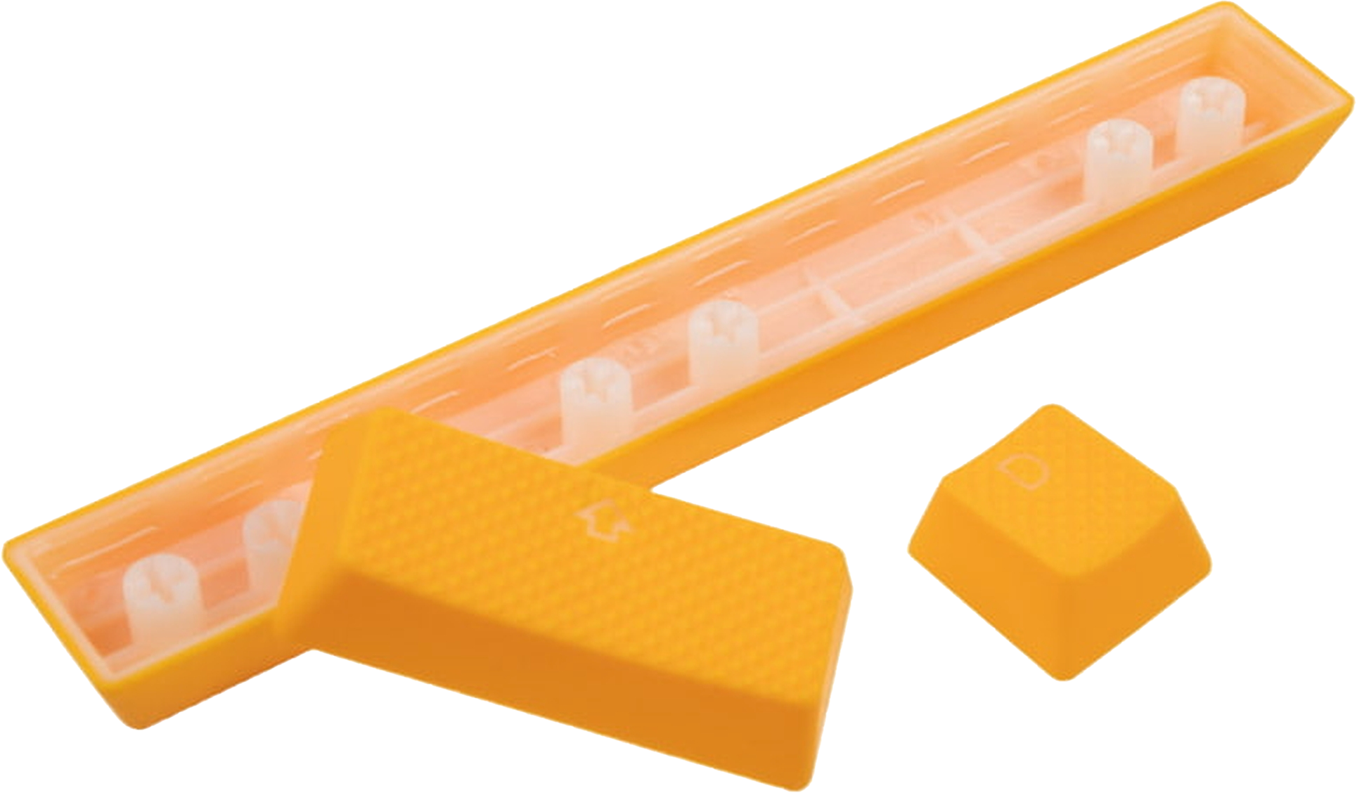 Gelbe Tastaturtasten. Eine lange Leertaste und drei einzelne Tasten. Weiße innere Stützen.