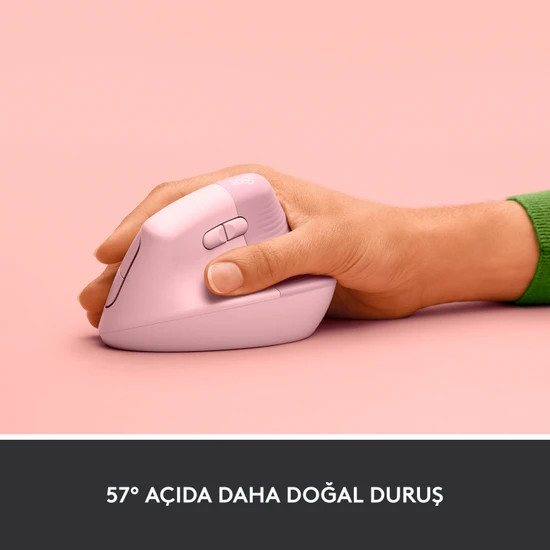 Bir elin tuttuğu pembe ergonomik bir fare, altında metin: 57° ACIDA DAHA DOĞAL DURUŞ.
