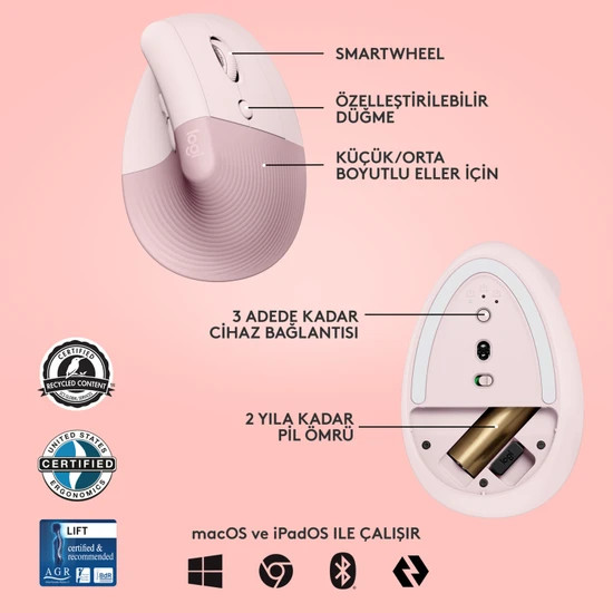 Pembe ergonomik fare. Düğmeleri, kaydırma tekerleği ve özellikleri vardır. Fare pembe bir arka plan üzerinde.