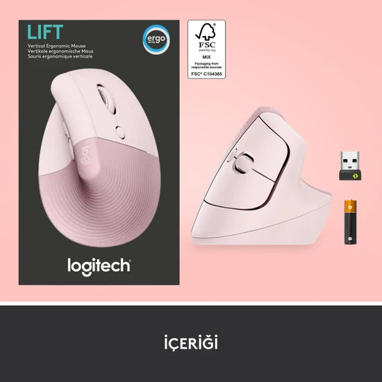 Pembe bir ergonomik fare, bir USB alıcısı ve bir pil.