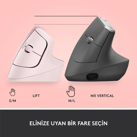 İki dikey ergonomik bilgisayar faresi. Biri açık pembe, diğeri koyu gri, pembe bir arka plan üzerinde.