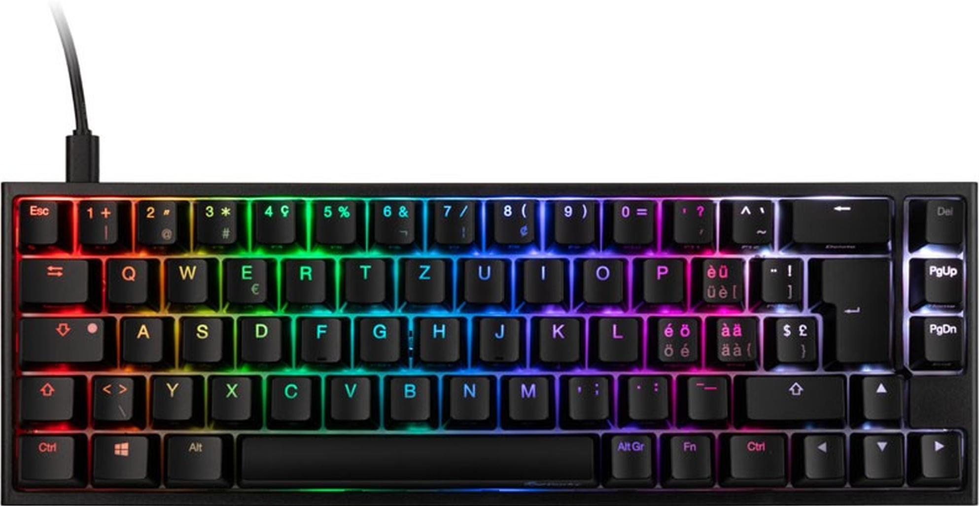 Eine schwarze, kompakte Tastatur mit regenbogenfarbenen Tasten und einem USB-Kabel.
