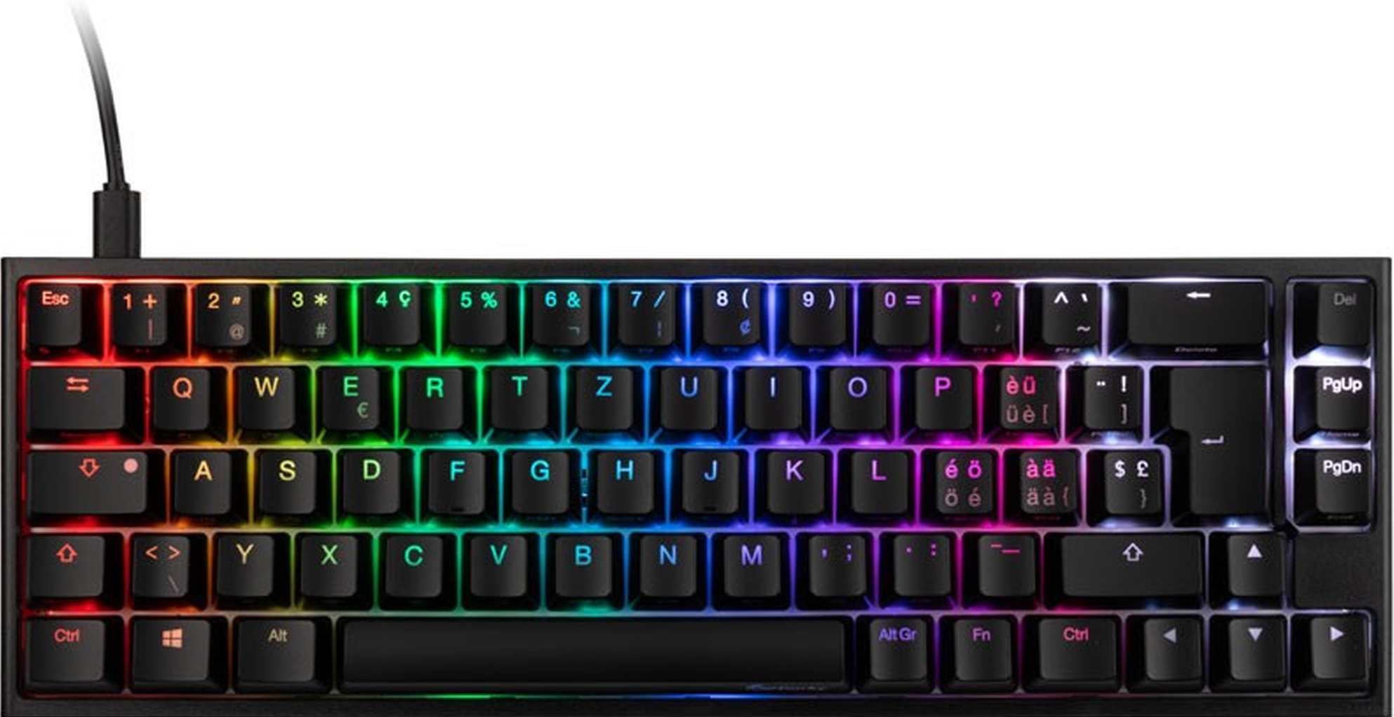 Eine mechanische Tastatur mit beleuchteten, regenbogenfarbenen Tasten. Schwarzer Rahmen mit Kabel.