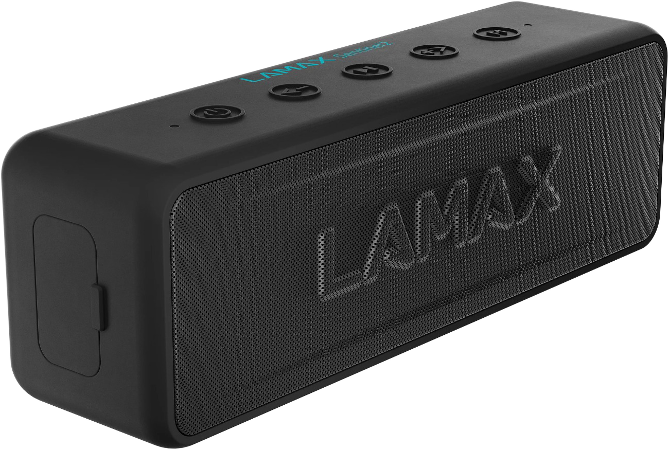 Fekete téglalap alakú hangszóró 'LAMAX' névvel és gombokkal. A háttér fekete.