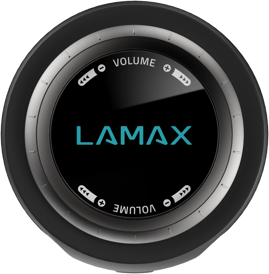 Egy fekete hangszóró vezérlőpanel, rajta a 'Lamar' szó kékkel. Hangerőszabályzók az oldalakon.