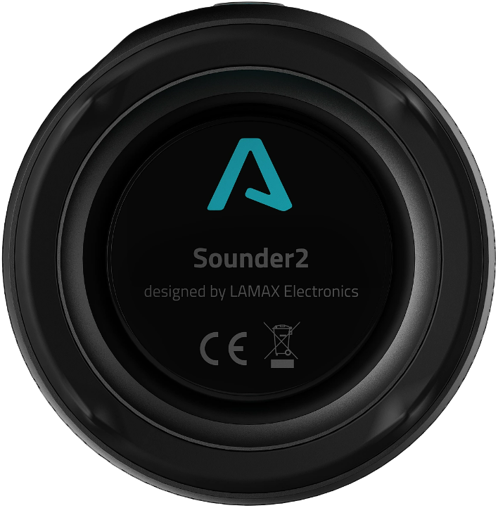 Fekete, kerek hangszóró alap, türkiz logóval és "Sounder2" szöveggel, a LAMAX Electronics terve.