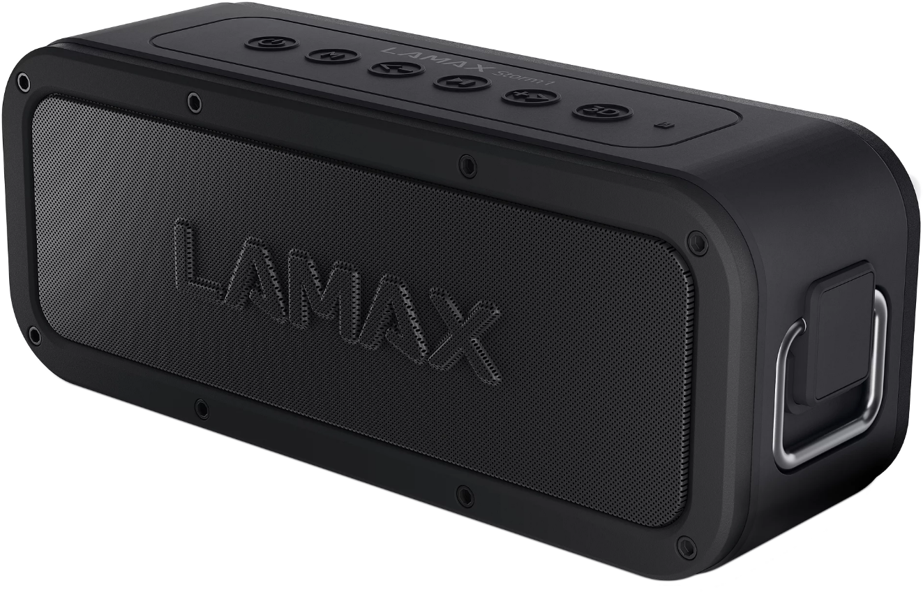 Fekete LAMAX bluetooth hangszóró gombokkal a tetején. A logó a fronton dombornyomott.