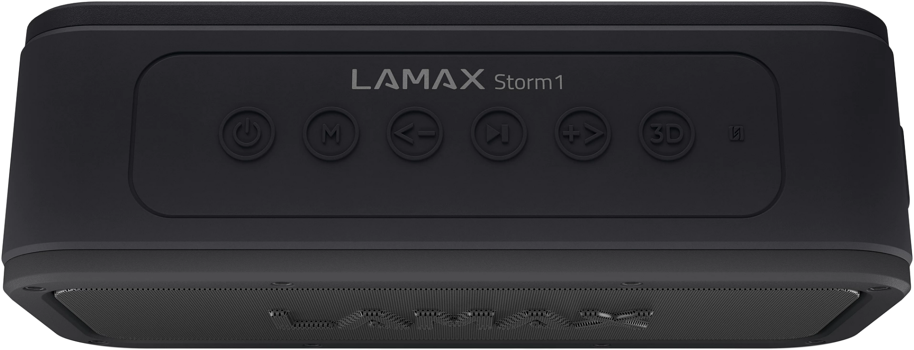Fekete hangszóró gombokkal és a LAMAX Storm 1 felirattal a tetején.