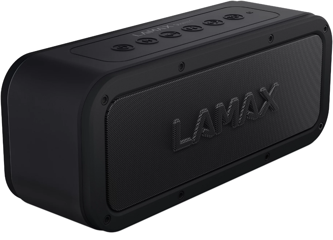 Fekete téglalap alakú Bluetooth hangszóró gombokkal és hálós hangszóróráccsal. A LAMAX márkanév látható.