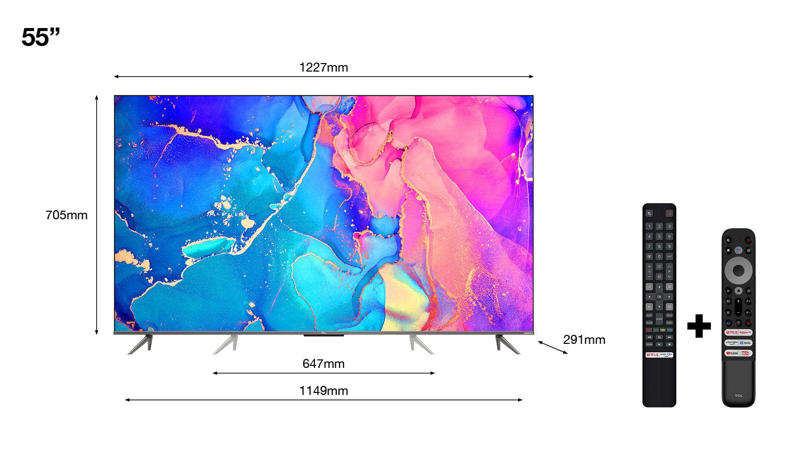 TV de 55", dimensiones mostradas, dos mandos a la derecha, fondo blanco.