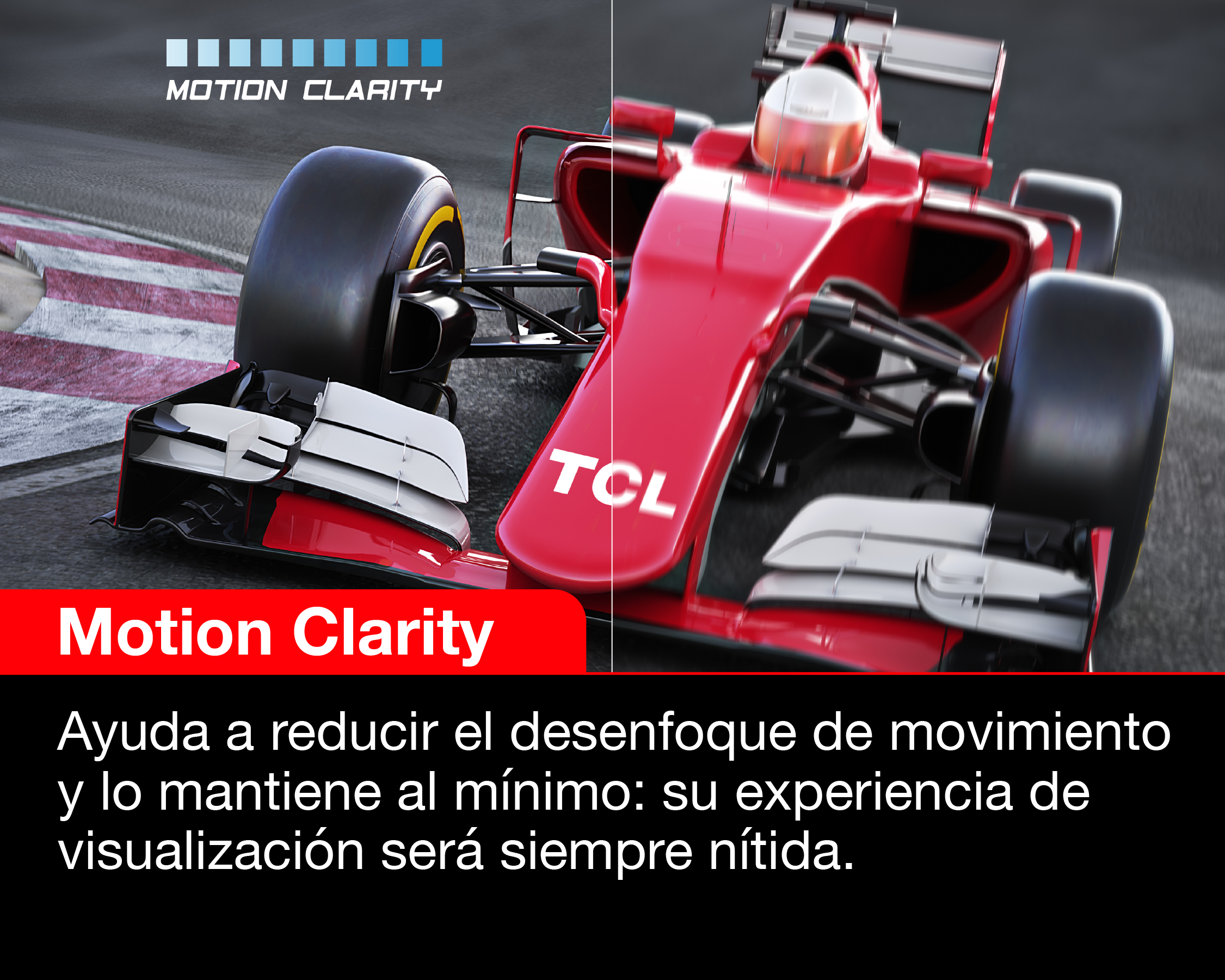 Imagen que compara la claridad de movimiento. Un coche de carreras rojo, un lado enfocado, otro borroso.