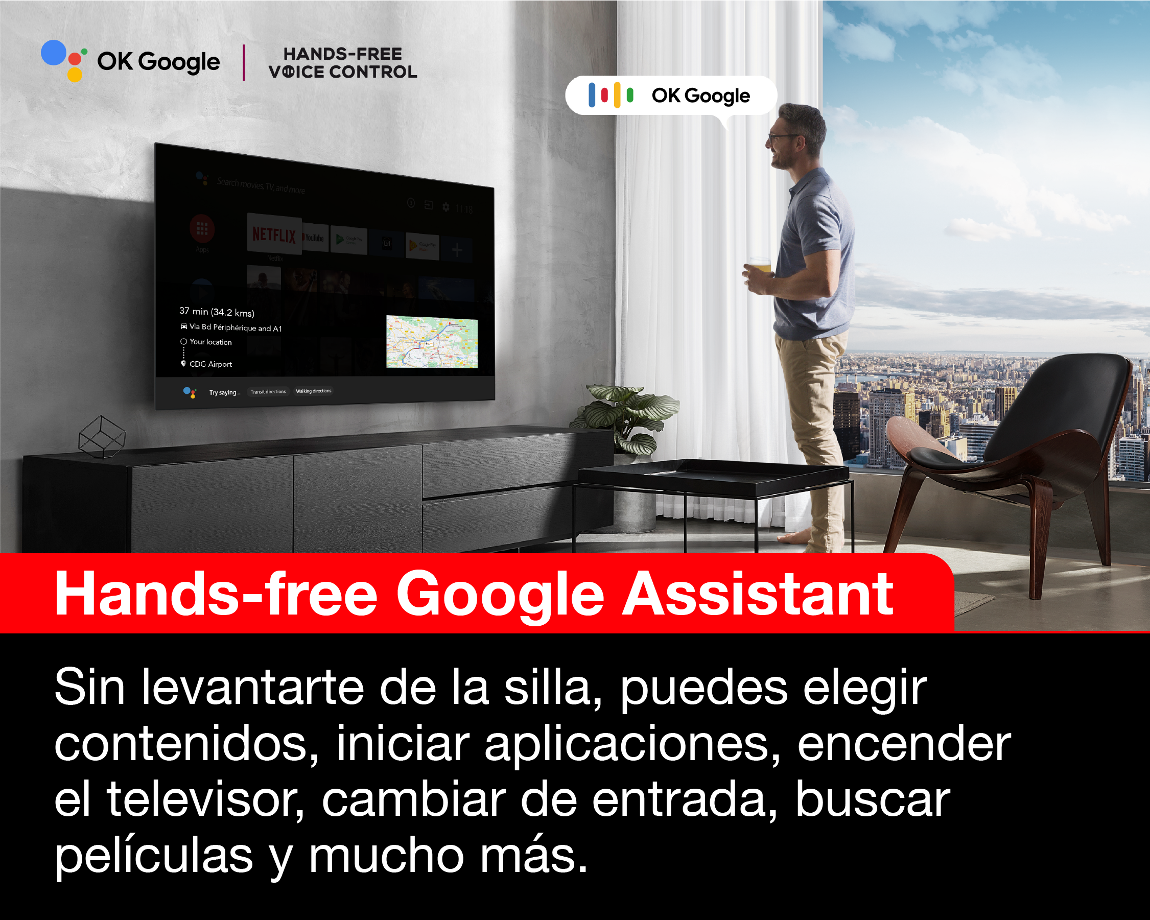 Una pantalla de TV con Google Assistant y una persona de pie junto a ella con una taza.