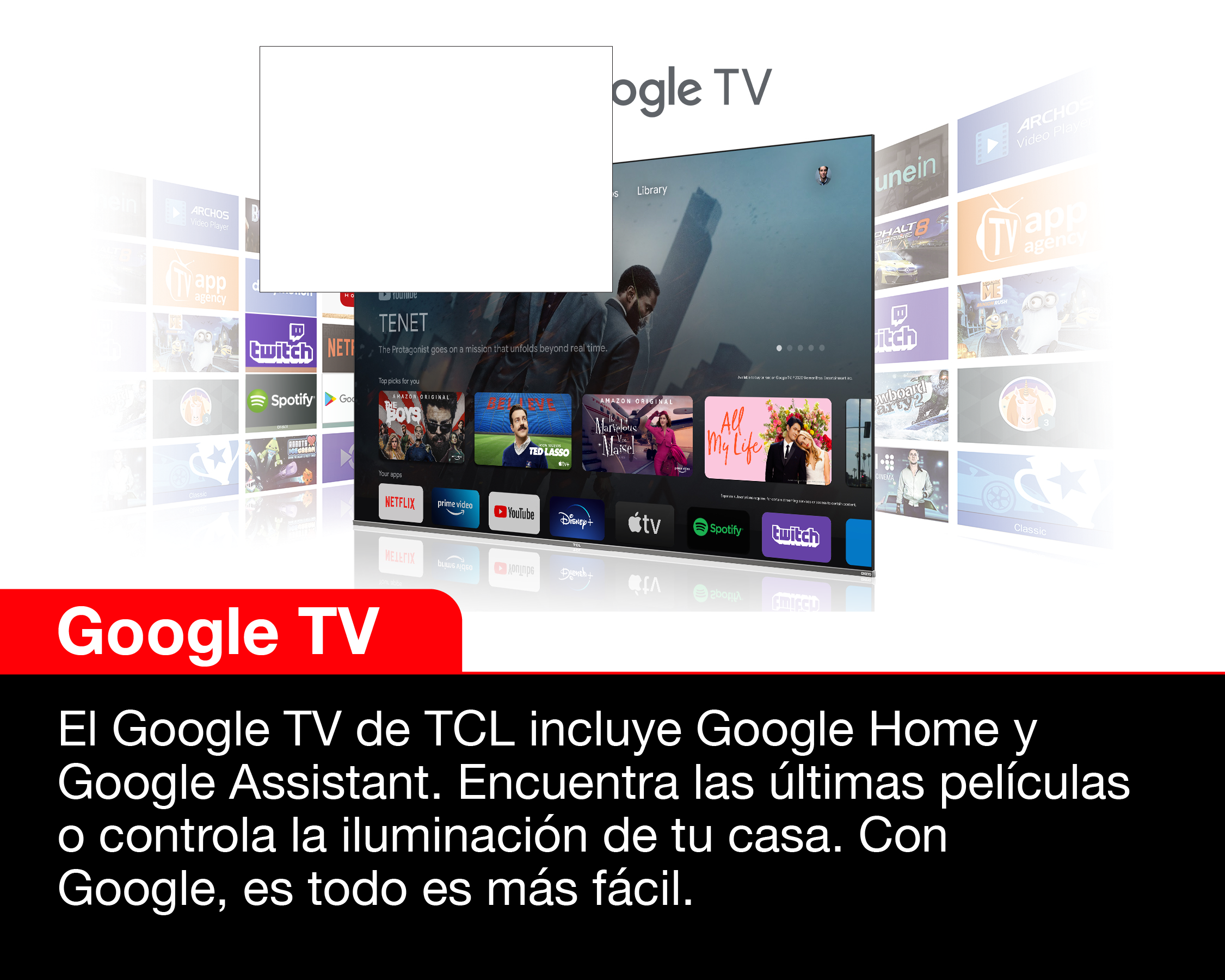 Un televisor con interfaz de Google TV e iconos de aplicaciones, rodeado de otros logotipos de aplicaciones.