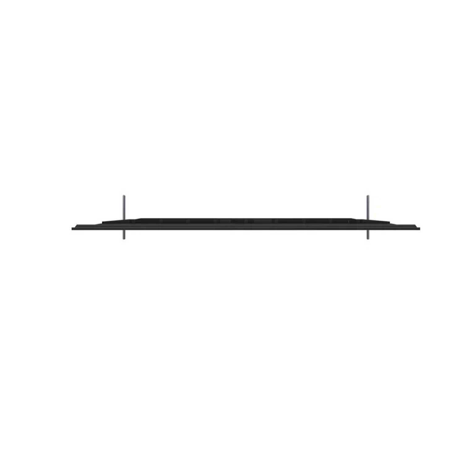 Vista superior de un televisor negro con un marco delgado y dos soportes plateados.