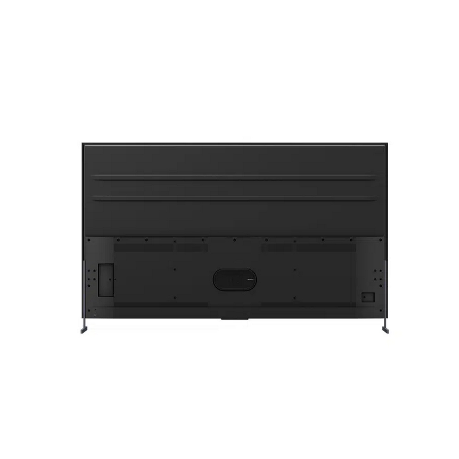 Parte trasera de una pantalla de TV negra. Diseño minimalista, con puertos y patas.