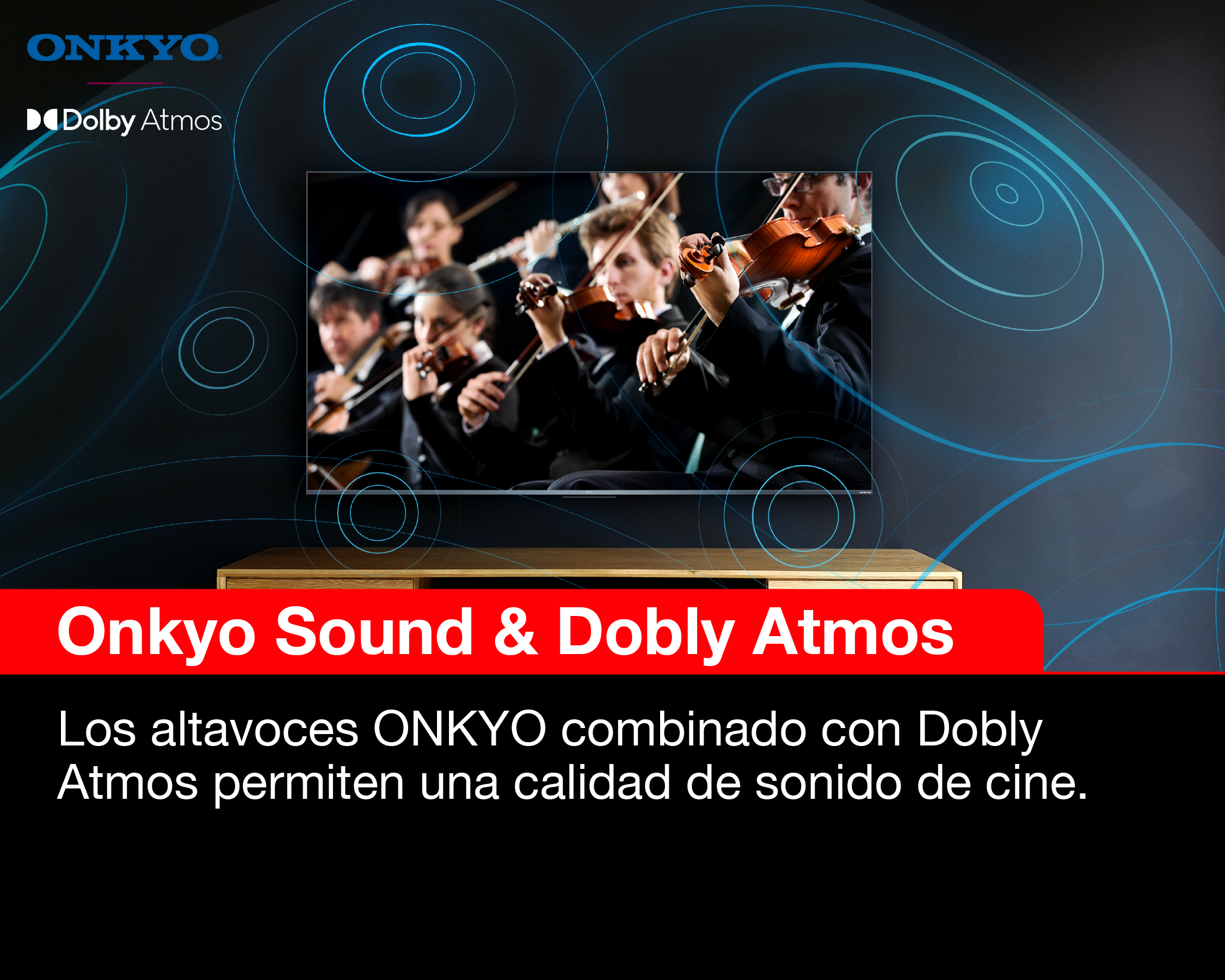 Una pantalla de TV muestra una orquesta tocando. Superposición de texto: Onkyo Sound & Dolby Atmos.