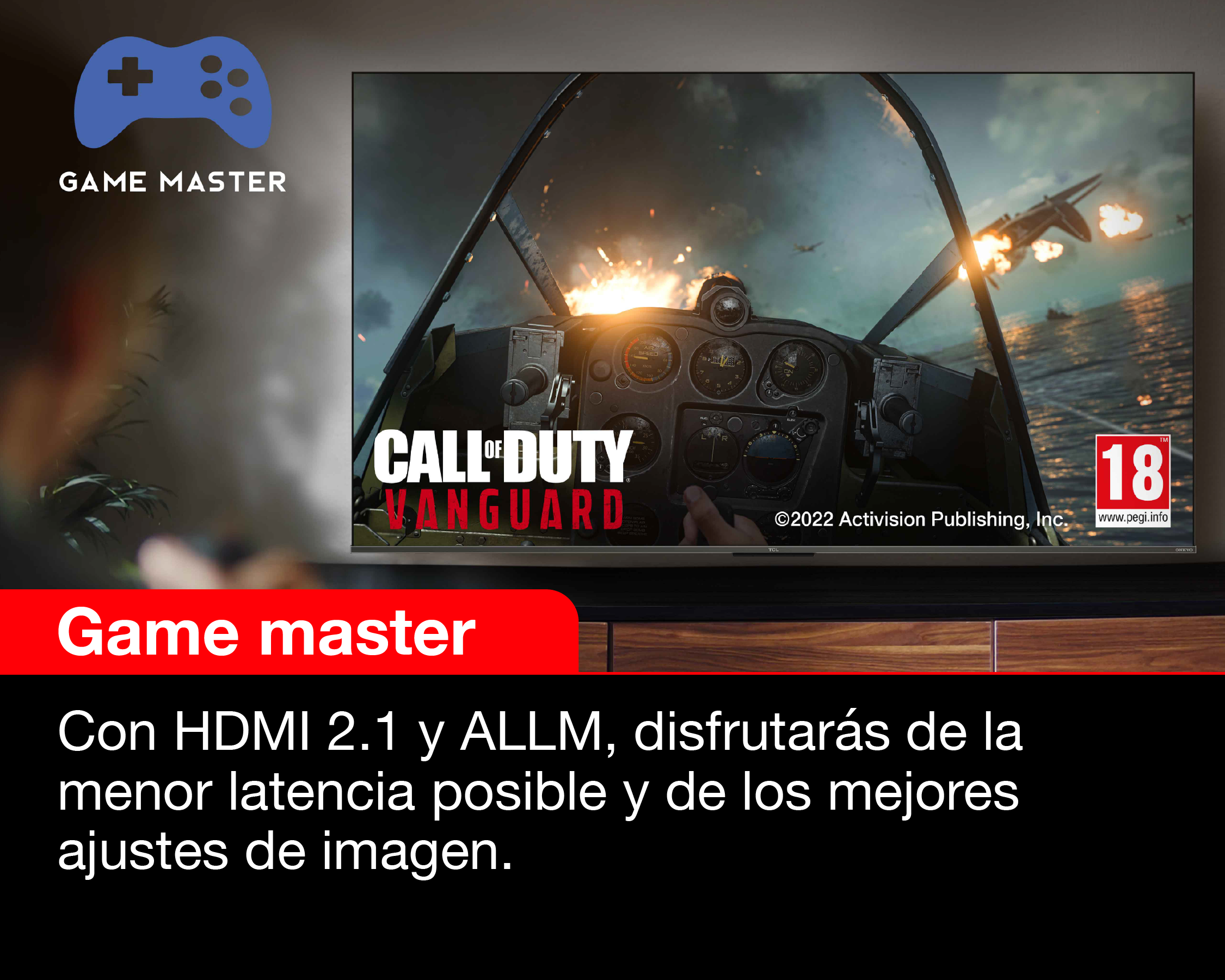 Una pantalla de TV con una escena de juego y un anuncio de Game Master.