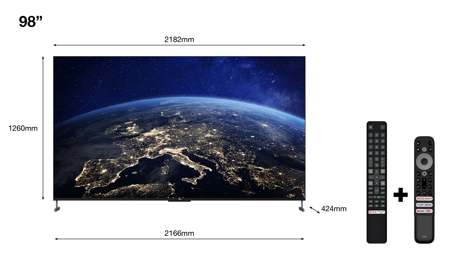 Una gran pantalla de TV, con dimensiones, muestra una imagen de un cielo nocturno sobre una ciudad.