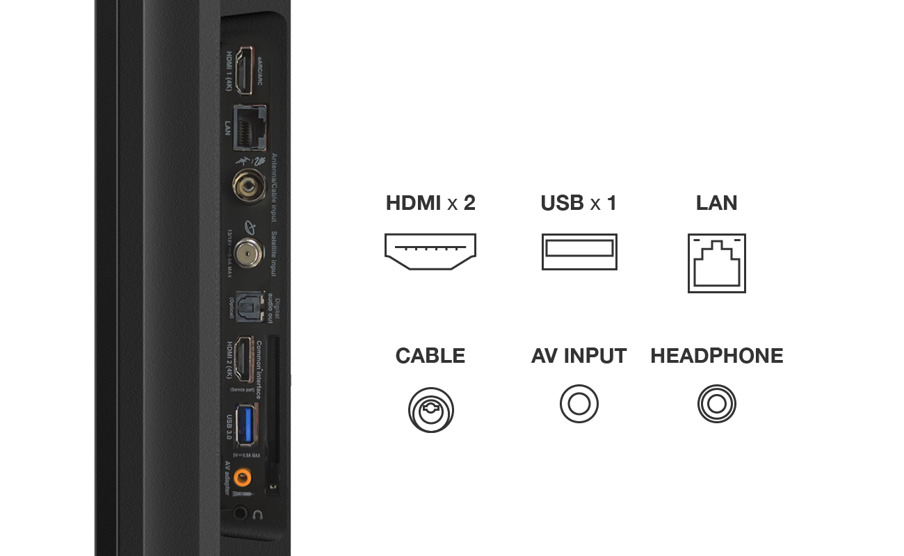 El panel trasero de un televisor con varios puertos: HDMI, USB, LAN y otros con etiquetas.