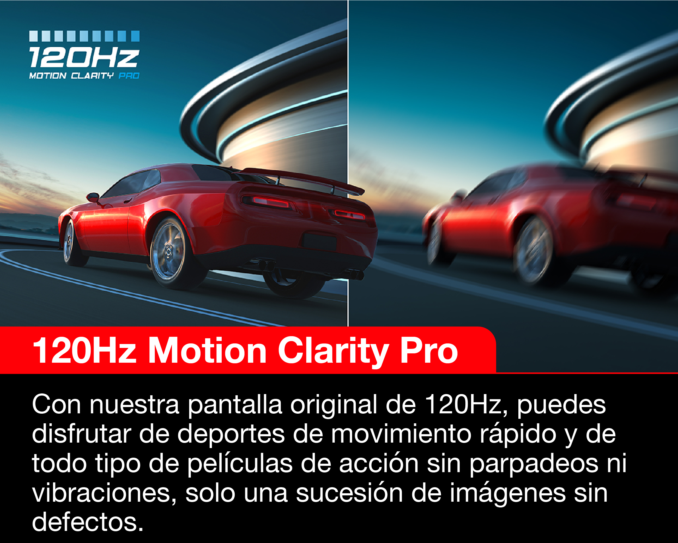 Un coche rojo en movimiento, mostrado en una pantalla con texto sobre la claridad de movimiento a 120 Hz.
