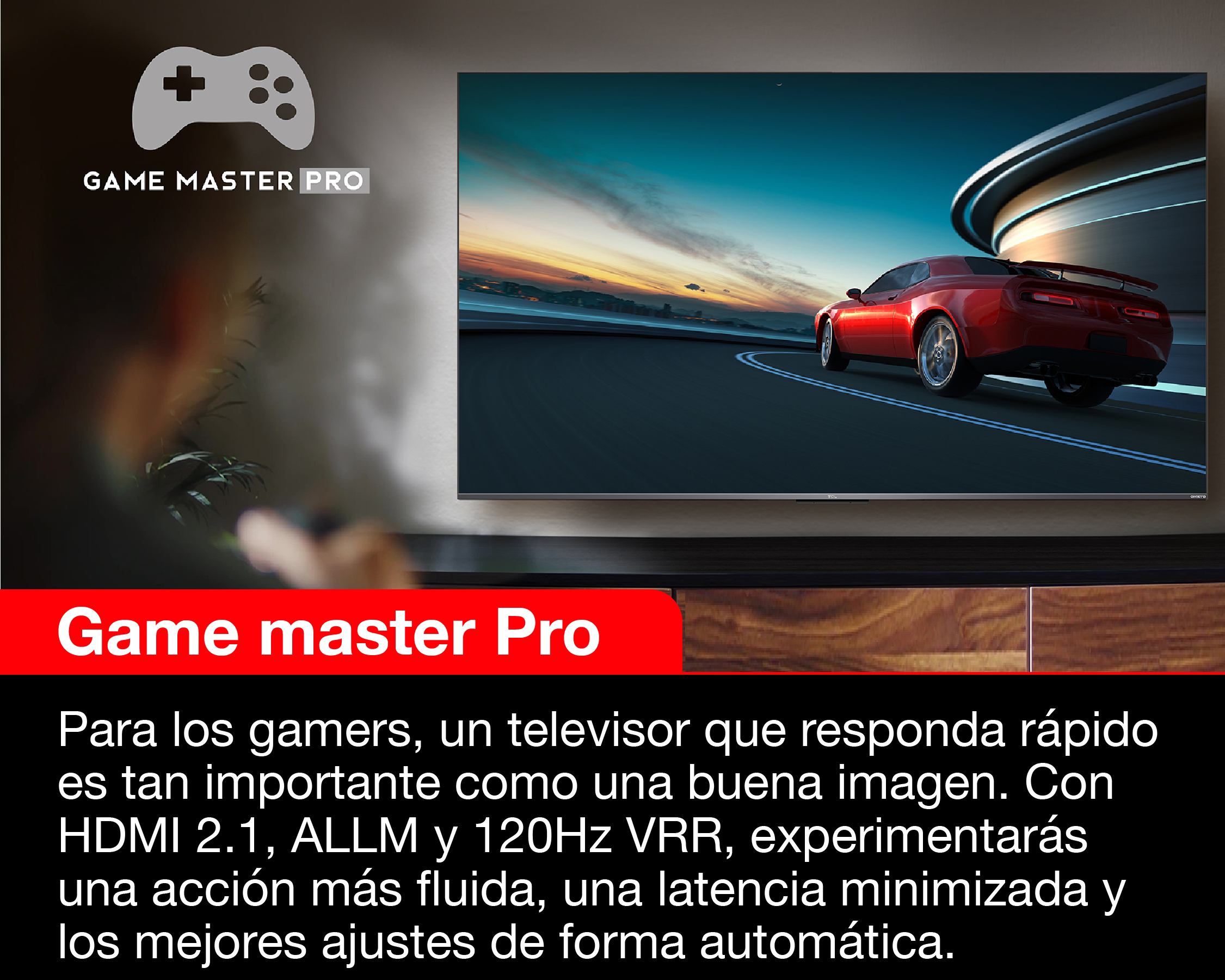 Un coche deportivo rojo en una carretera se muestra en una pantalla de TV, con icono de mando.