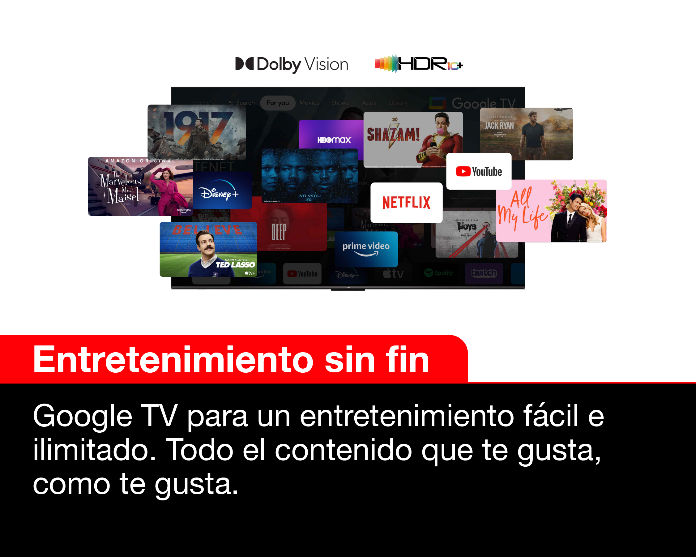 Pantalla de TV con aplicaciones como Netflix y YouTube. El texto inferior dice: 'Entretenimiento sin fin'.