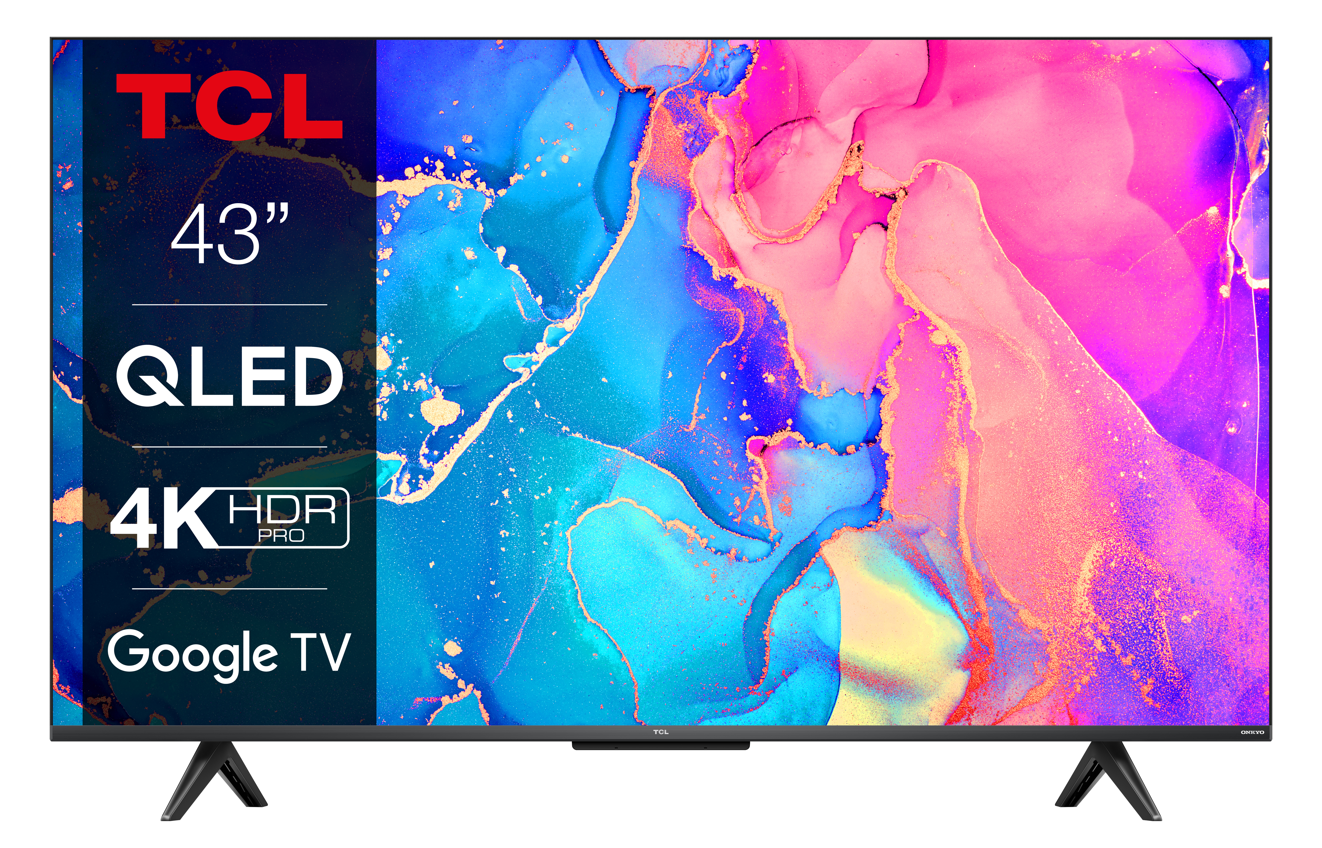 TCL 43" QLED 4K HDR Pro Google TV sobre un soporte negro.