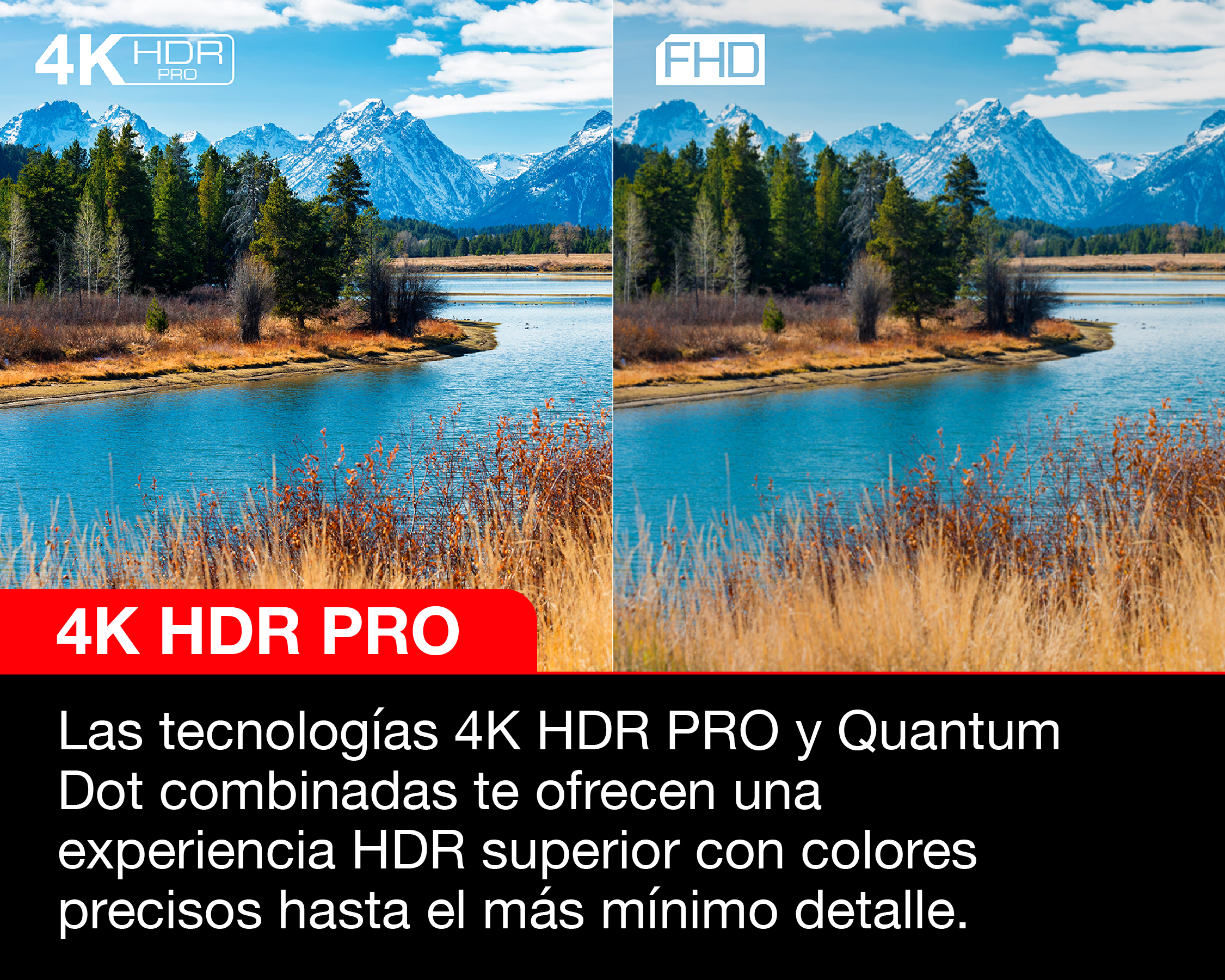Imagen que muestra dos pantallas con pantallas 4K HDR PRO y FHD, con texto en español.