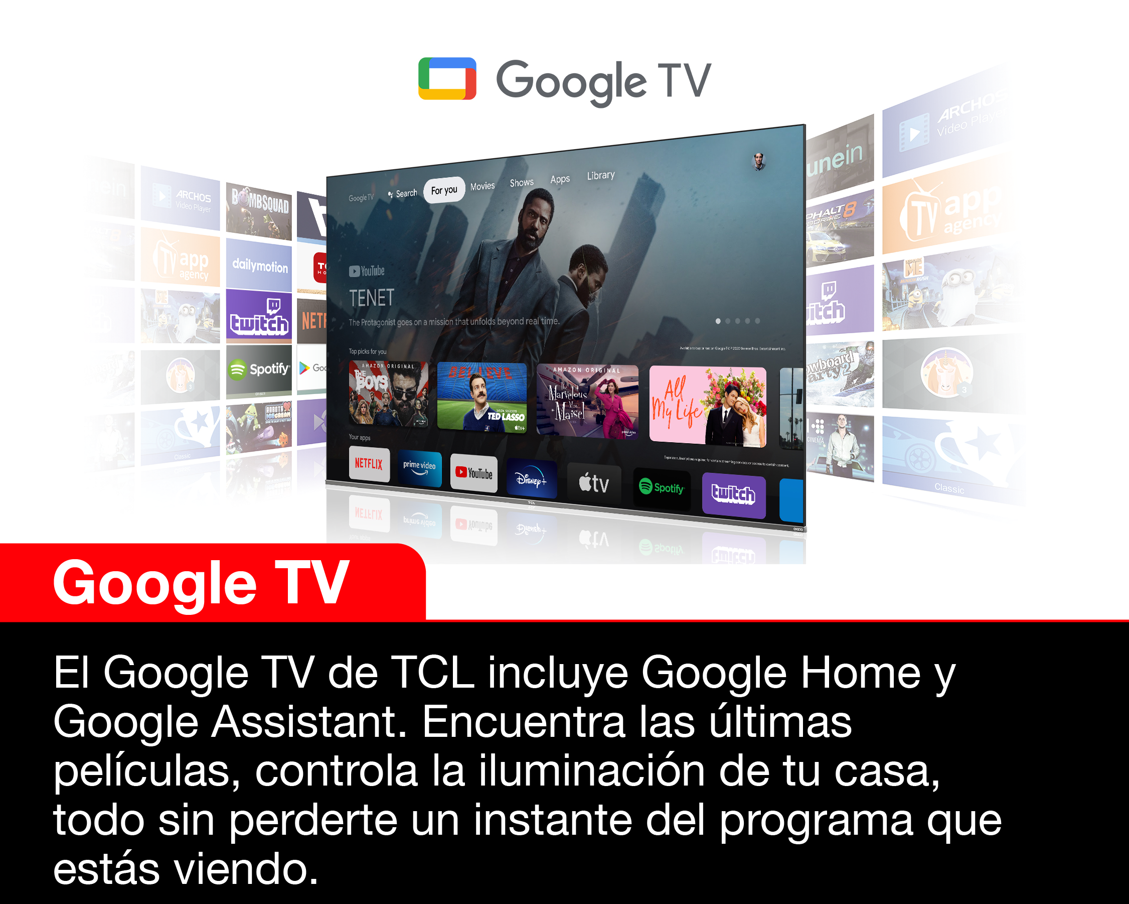 Interfaz de Google TV en una pantalla de TV. Muestra apps y películas.