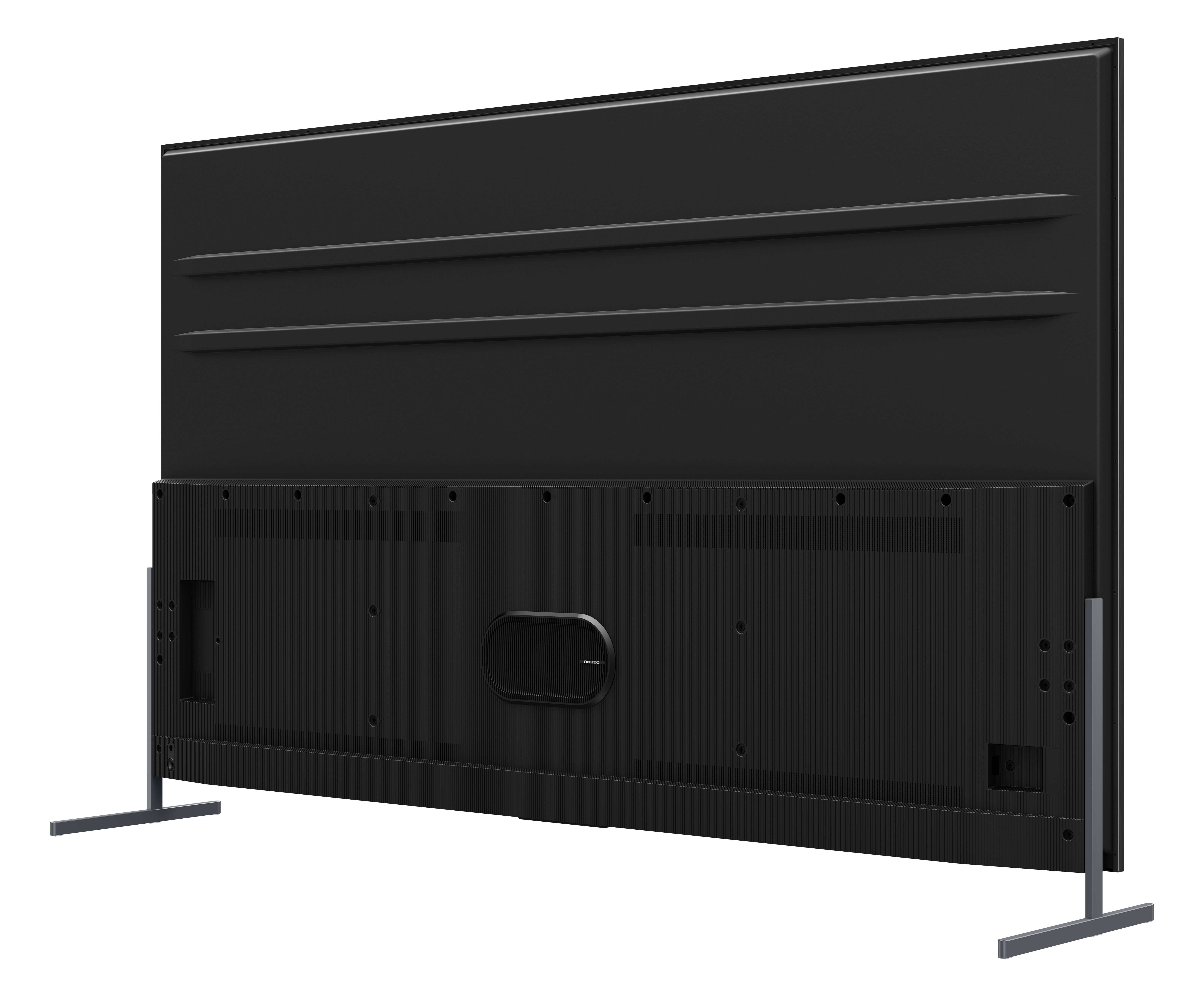 La parte trasera de un televisor negro grande, con dos soportes, que muestra los puertos y el diseño.