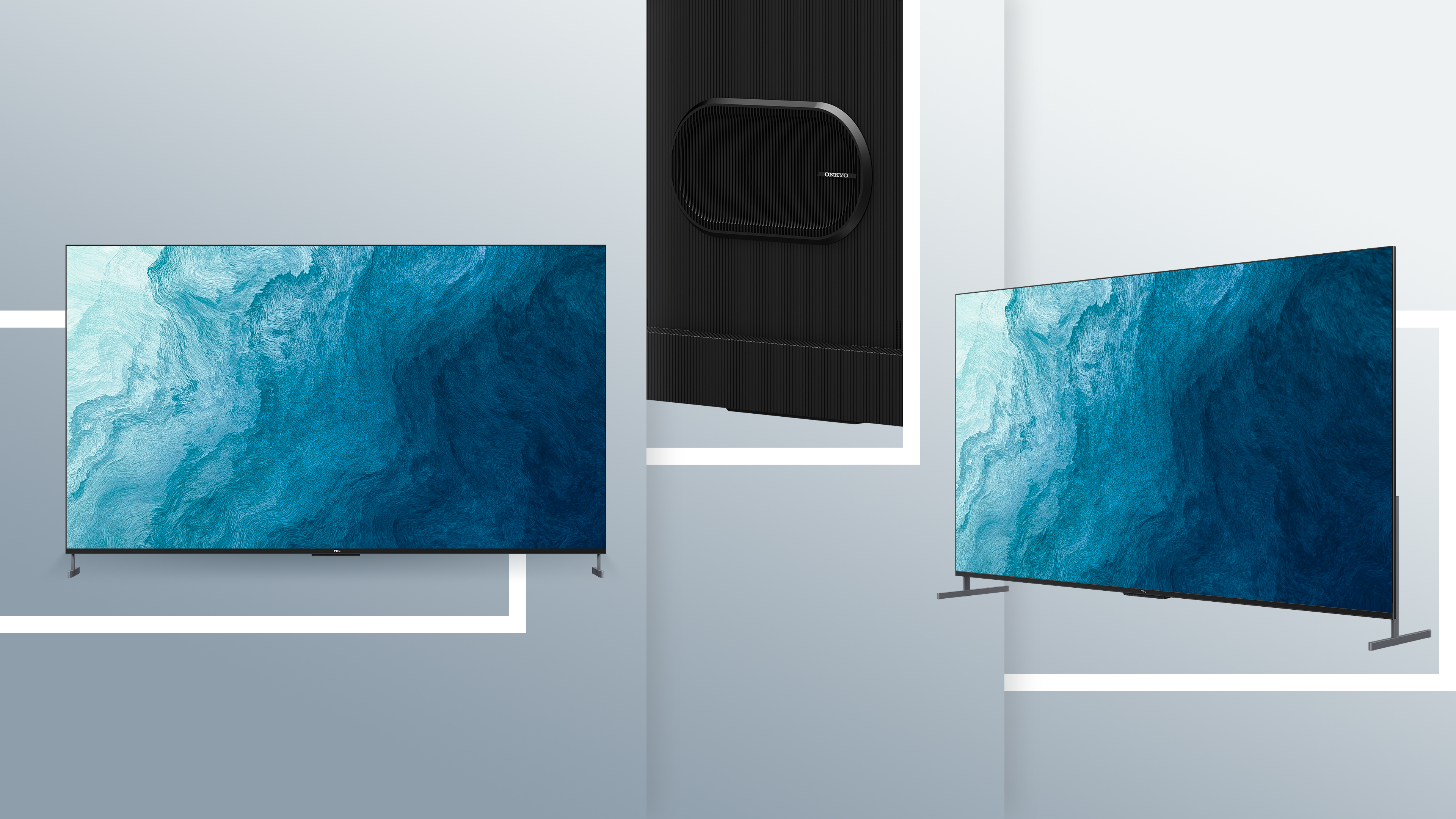 Dos televisores modernos grandes, uno con arte abstracto azul, otro con un primer plano de un altavoz. Fondo gris.