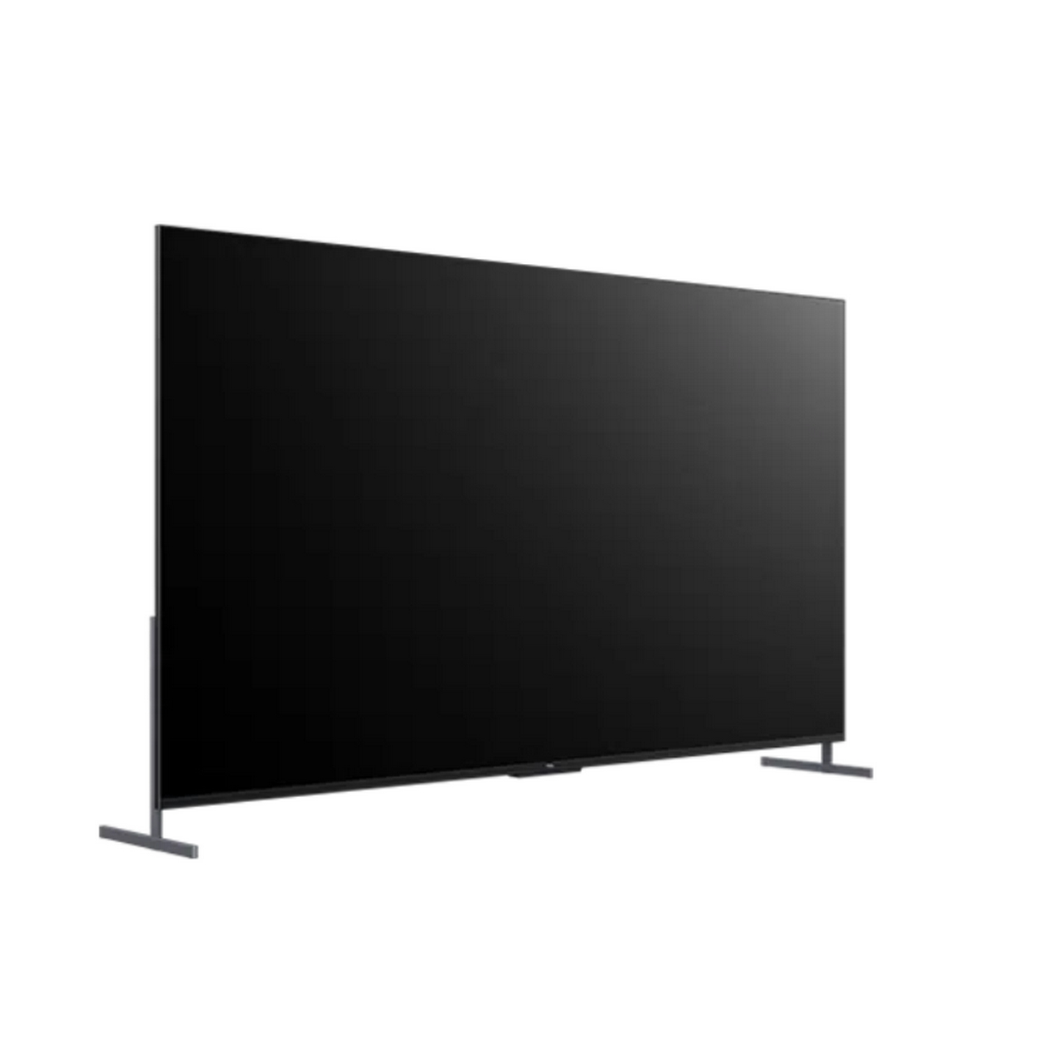 Televisor negro grande sobre un soporte con pantalla negra sobre fondo blanco.