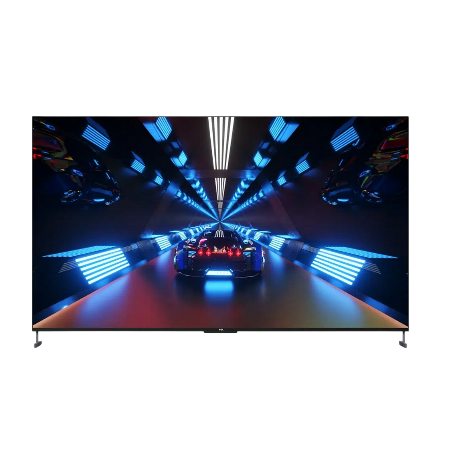 Una pantalla de TV que muestra una escena futurista de carreras de coches en un túnel. La escena es oscura con luces azules.