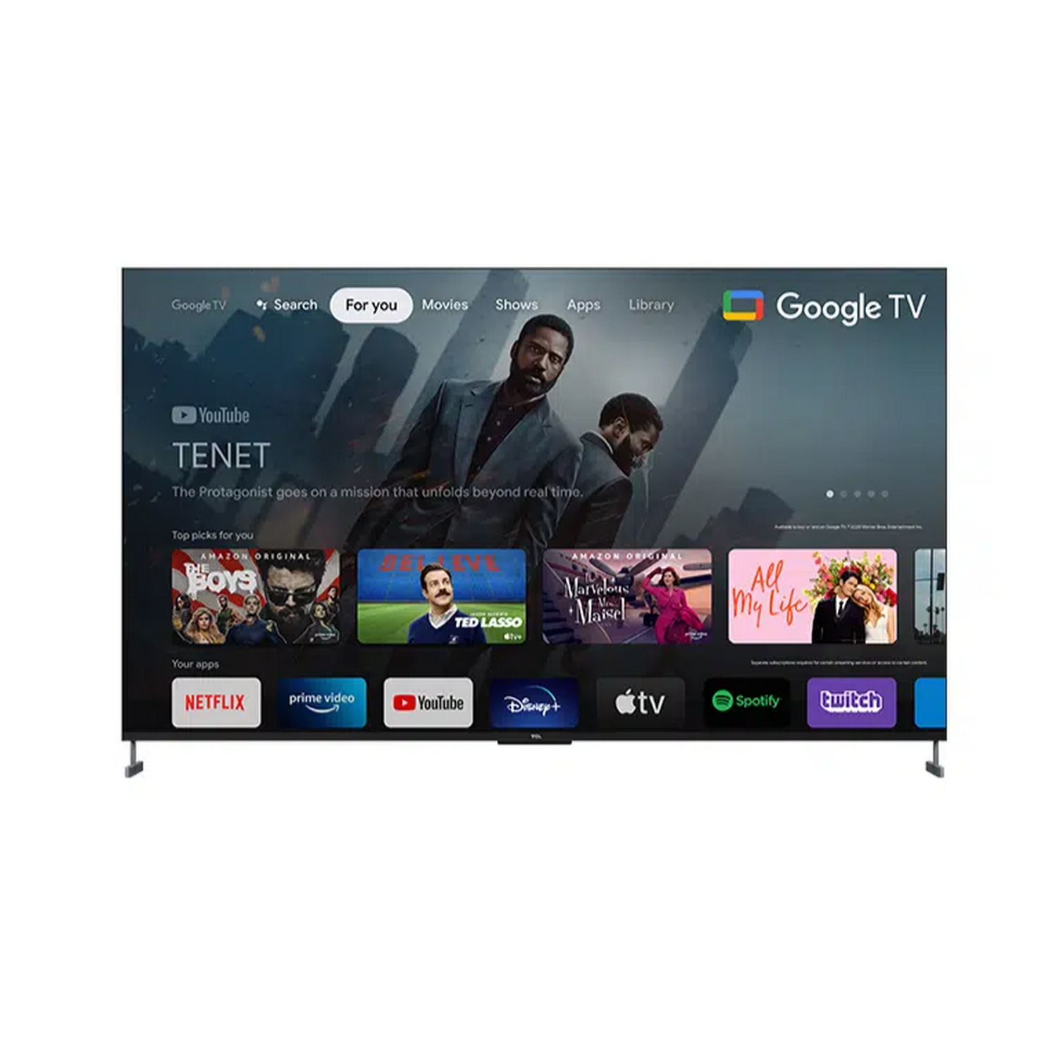 Un moderno Google TV con pantalla ancha que muestra una selección de películas e iconos de aplicaciones.
