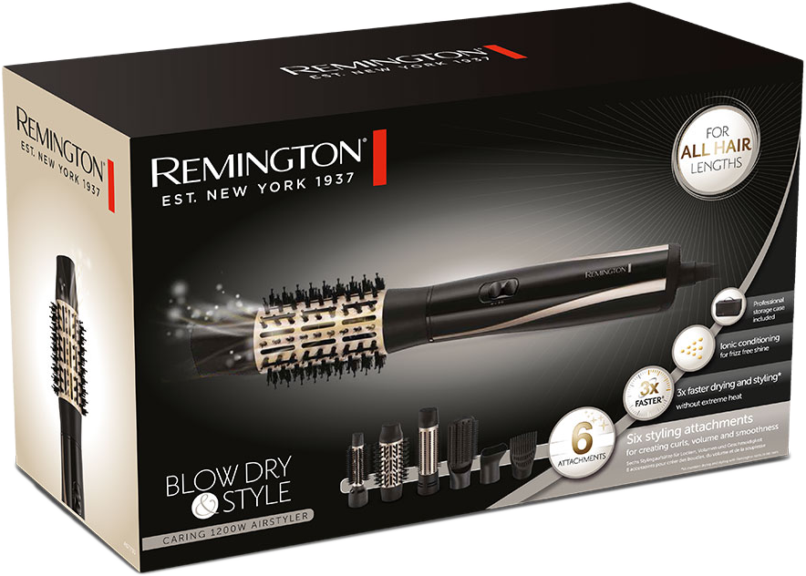 Remington Blow Dry Style légformázó doboz, tartozékokkal és termékadatokkal.