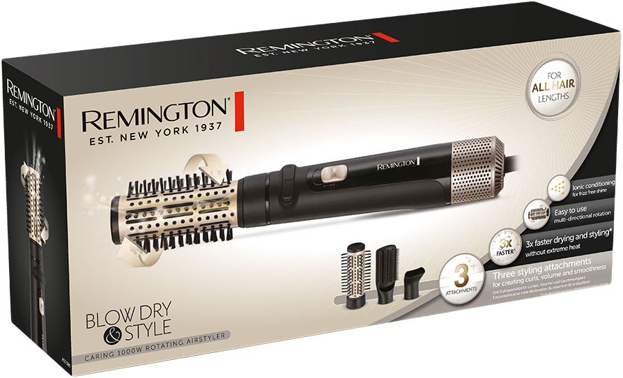 Remington forgó légformázó doboza, fekete és arany, hajformázó tartozékokkal és szöveggel.