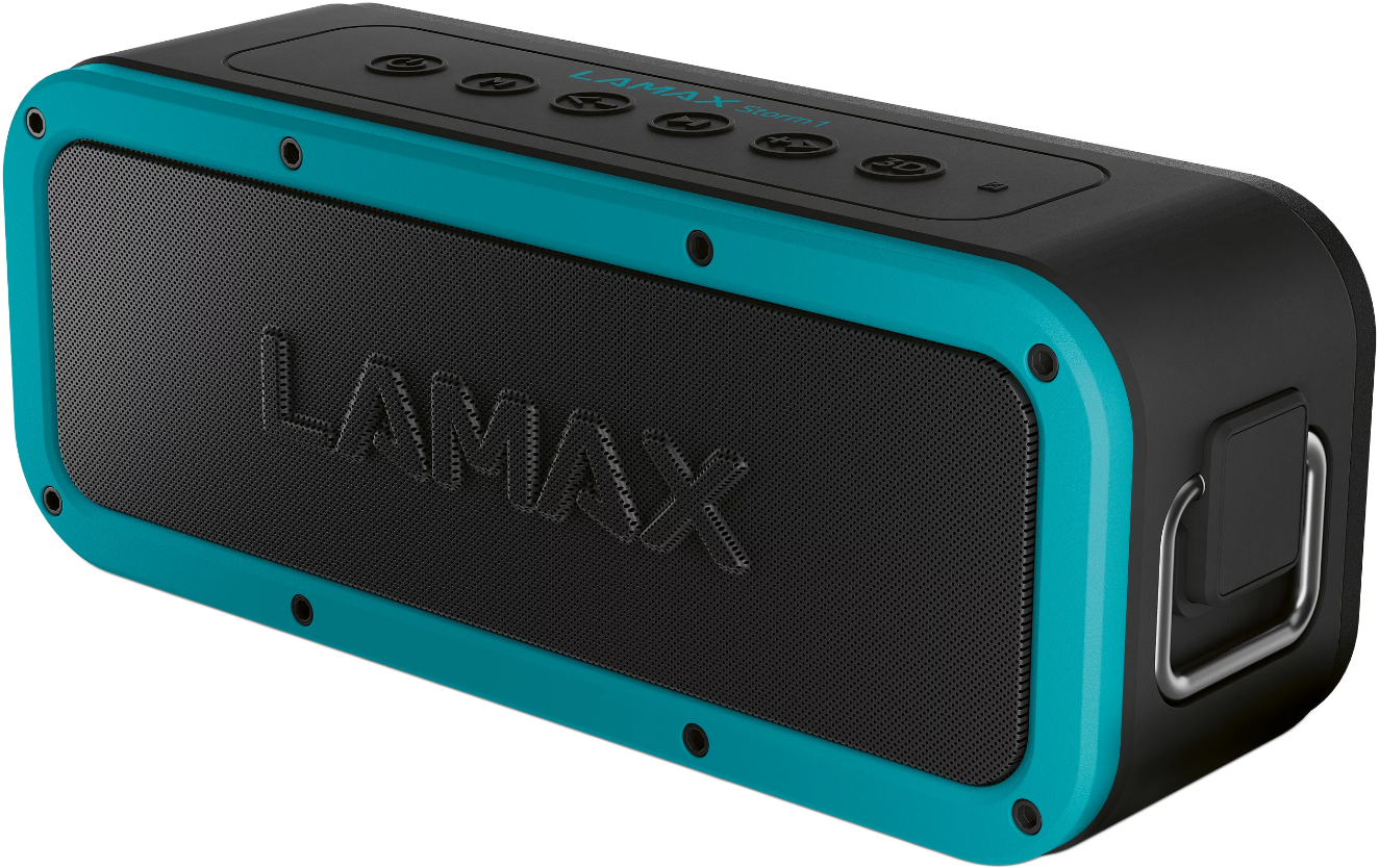 Fekete és türkiz Lamax Storm3 hangszóró. Fekete hálós előlap. Vezérlőgombok felül.