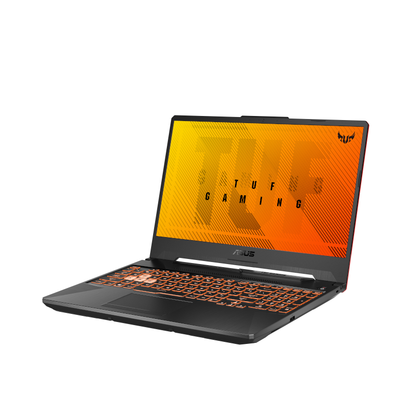 Siyah ASUS TUF Gaming dizüstü bilgisayar açık, turuncu arkadan aydınlatmalı klavye ve ekran gösteriyor.